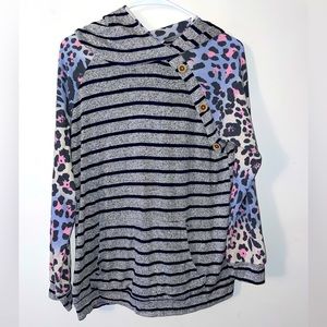 Leopard Button Detail Plush Hoodie